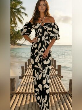 Hawaiin Loose Fit Tropical Print off Shoulder Halter Neck Maxi Vacation Dress